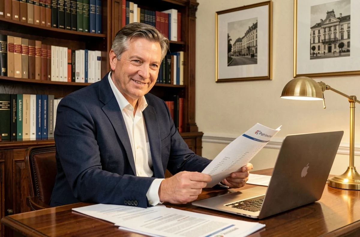 Conseiller patrimonial de Patrimoine Pat à son bureau, examinant un dossier d'investissement locatif