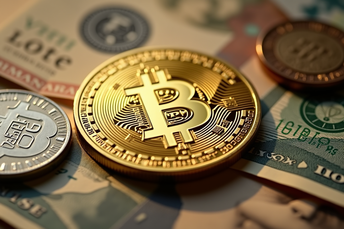 Pièce en or gravée de symboles blockchain avec billets et anciennes monnaies