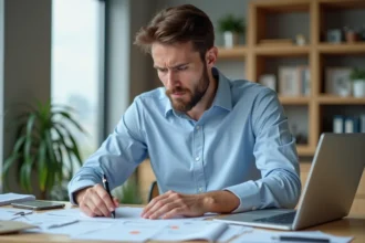 Homme comparant un prêt trésorerie sans justificatif et un crédit renouvelable sur son bureau à domicile
