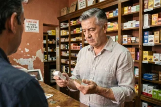 Homme examinant un paquet de cigarettes dans un estanco espagnol en tenant des pièces d'euro, illustrant l'impact des taxes sur le prix des cigarettes en Espagne