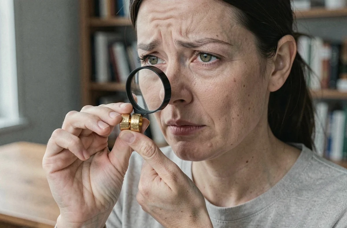 Une femme comparant deux bagues en or avec des titrages différents, 750 et 375, pour en comprendre la pureté