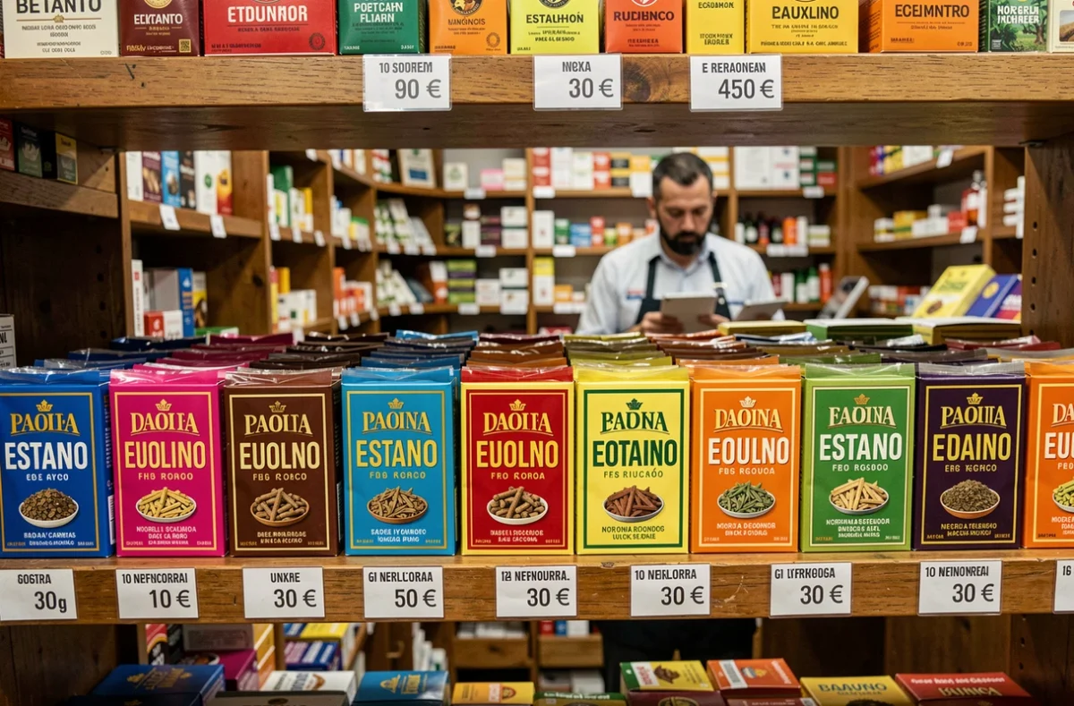 Rayonnage d'un bureau de tabac espagnol avec plusieurs marques de tabac à rouler 30g et leurs prix