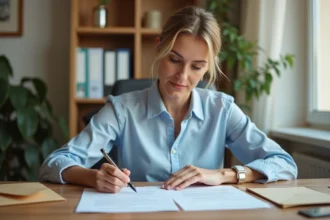 Femme remplissant un formulaire de réclamation assurance ACM IARD à son bureau à domicile