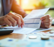 Main tenant un relevé de paie français avec calculatrice et pièces d'euros