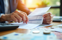 Main tenant un relevé de paie français avec calculatrice et pièces d'euros