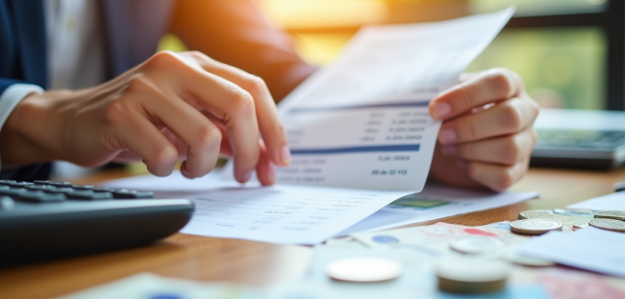 Main tenant un relevé de paie français avec calculatrice et pièces d'euros