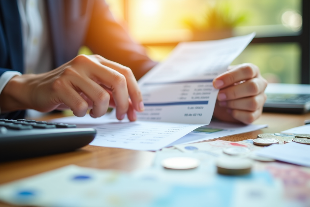 Main tenant un relevé de paie français avec calculatrice et pièces d'euros