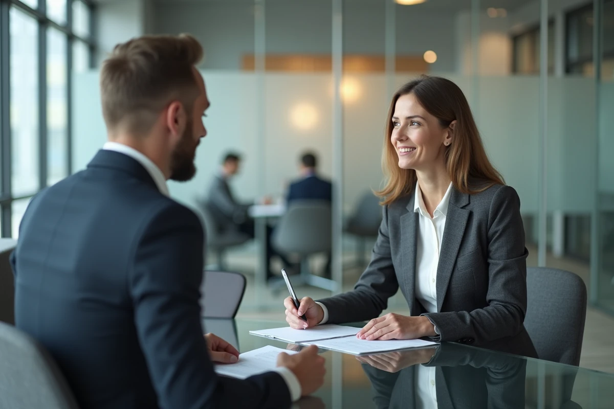 Femme en rendez-vous bancaire pour discuter d'un prêt trésorerie sans justificatif avec un conseiller