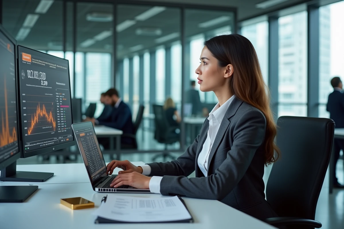 Responsable achats métallurgie analysant les cours du laiton au kilo sur ordinateur avec graphiques de prix matières premières dans un bureau professionnel moderne