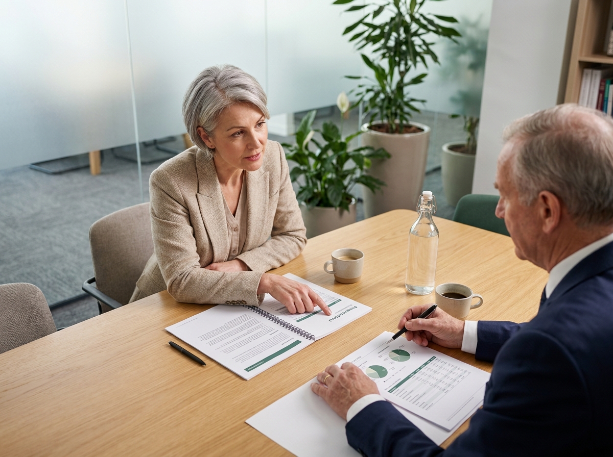 Femme et conseiller examinant un prospectus de SCPI avec tableau de frais lors d'une réunion financière