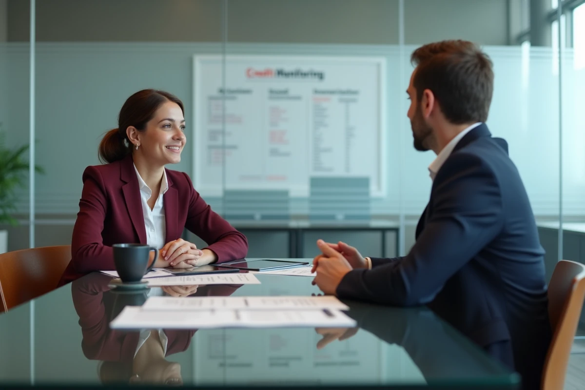 Deux professionnels discutant d'un credit monitoring arrangement autour d'une table de réunion avec des documents financiers