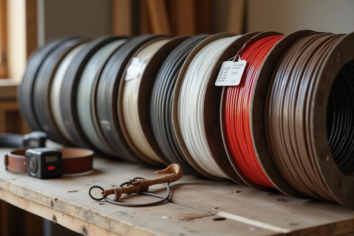 Rouleaux de câble cuivre non dénudé avec étiquettes de prix sur un établi d'artisan