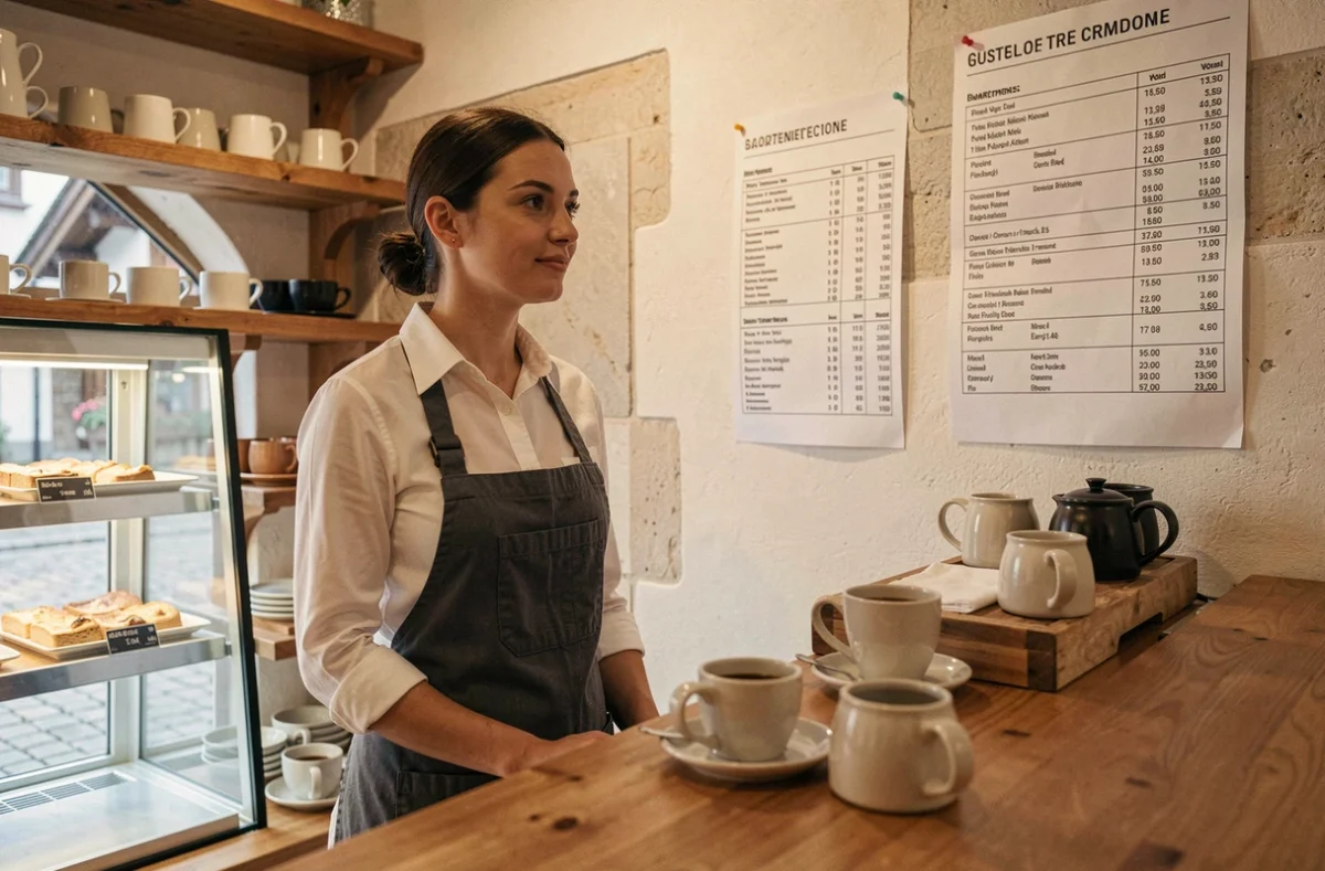 Employée de café suisse en pause devant un planning de travail, symbolisant les conditions salariales et le salaire minimum en Suisse