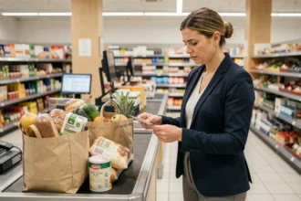 Femme suisse vérifiant son ticket de caisse au supermarché, illustrant l'impact du salaire minimum sur le pouvoir d'achat