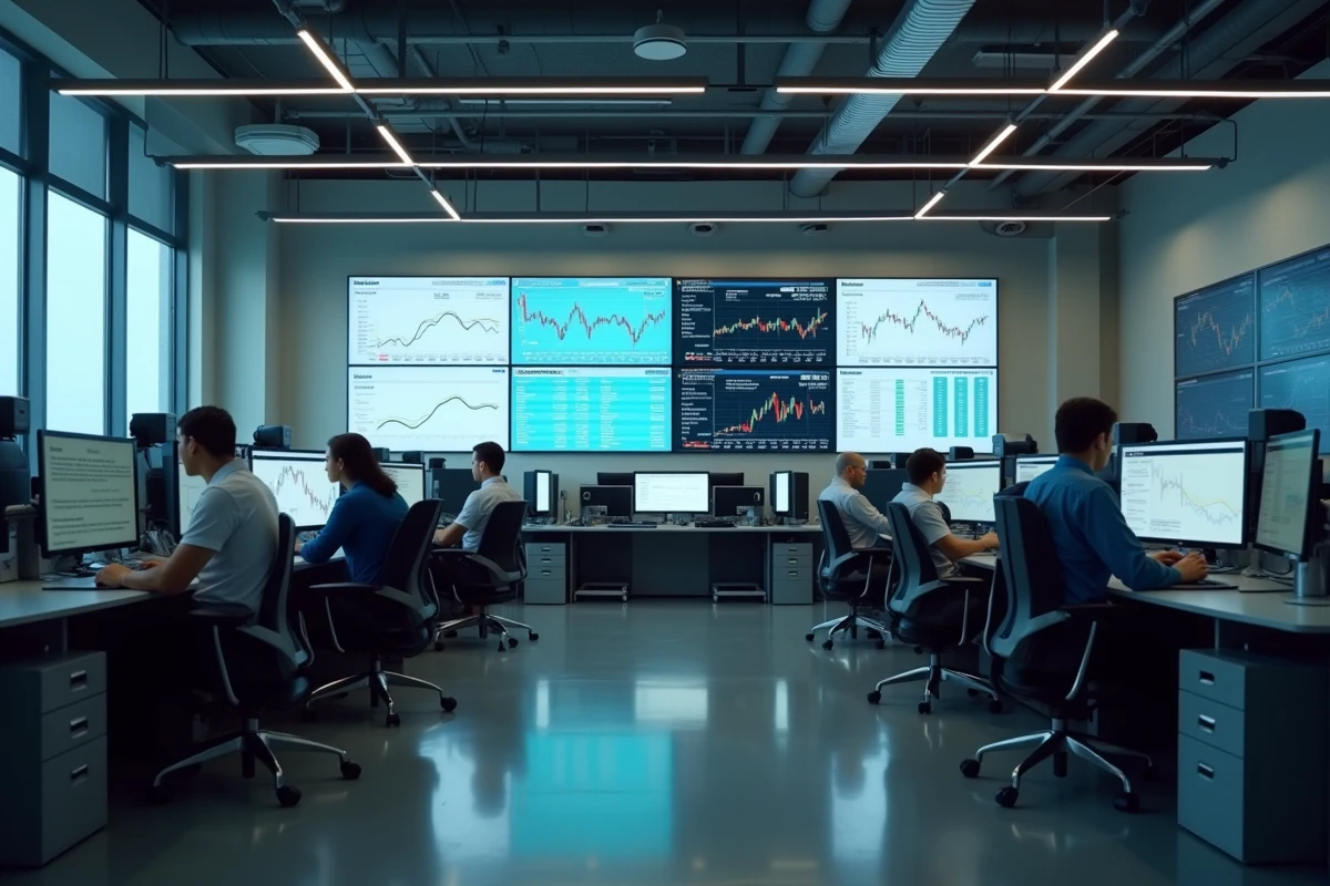 Salle de trading moderne avec écrans affichant des outils de suivi EPA en temps réel pour des actions comme Air Liquide