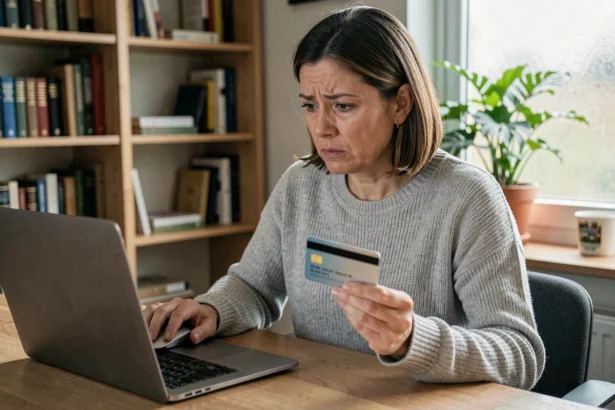 Femme vérifiant la sécurité de son compte bancaire en ligne sur un ordinateur portable à la maison pour éviter le phishing