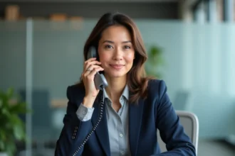 Femme professionnelle au téléphone dans un bureau moderne pour contacter le service client Cofica Bail