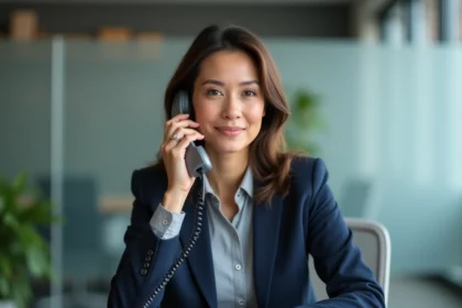 Femme professionnelle au téléphone dans un bureau moderne pour contacter le service client Cofica Bail