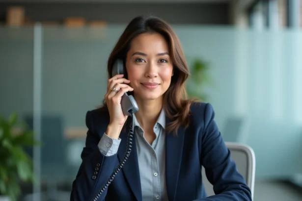 Femme professionnelle au téléphone dans un bureau moderne pour contacter le service client Cofica Bail