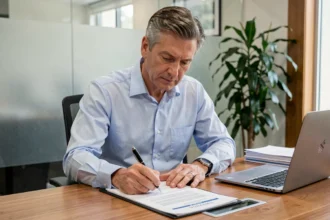 Homme en chemise bleue signant un contrat d'assurance emprunteur dans une agence bancaire professionnelle