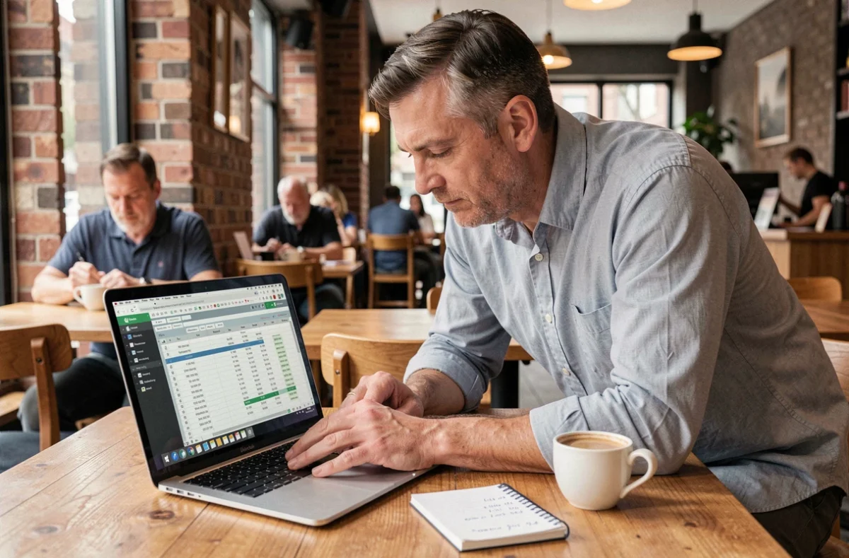 Homme consultant un tableur de calcul de salaire SMIC pour un temps partiel dans un café