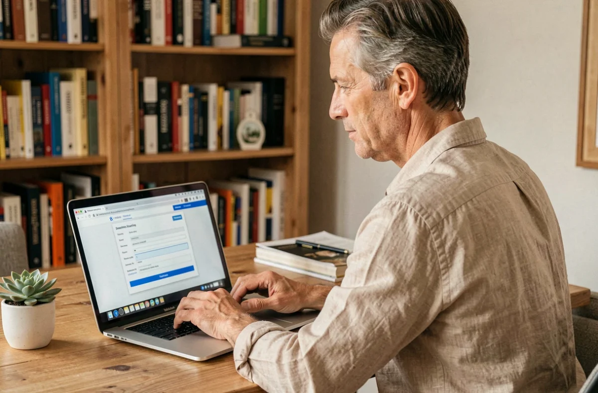Homme souscrivant une assurance emprunteur en ligne sur son ordinateur portable depuis son bureau à domicile
