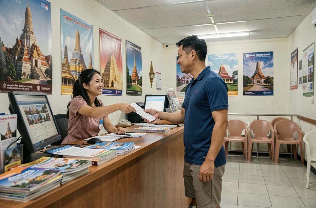 Touriste souscrivant une assurance voyage dans une agence à Bangkok avec une conseillère thaïlandaise
