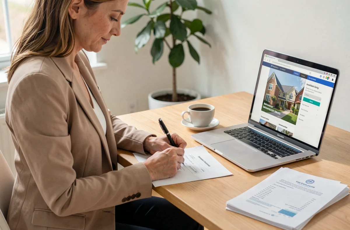 Femme signant un formulaire de souscription SCPI à domicile avec documents et ordinateur