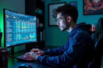 Joueur adulte analysant son historique d'achats Valorant sur un écran ultrawide dans un bureau gaming moderne