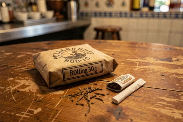 Paquet de tabac à rouler 30g posé sur une table en bois dans un bar espagnol