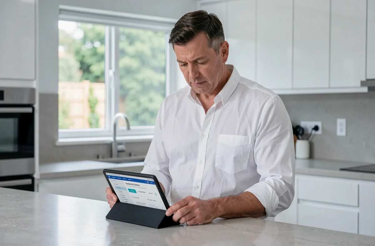Homme téléchargeant ses relevés de compte bancaire sur une tablette dans une cuisine moderne