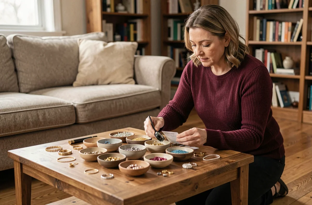 Une femme triant et classant ses bijoux en or avant une vente, séparant les pièces par type et pureté