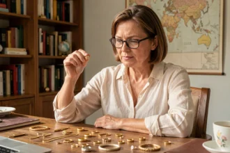 Femme examinant des bijoux en or posés sur un bureau avant de les vendre