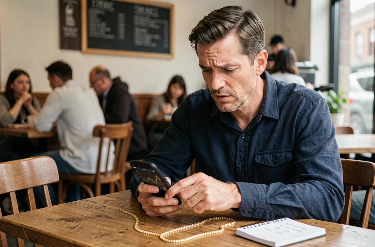 Un homme consultant le cours de l'or sur son téléphone avant de vendre ses bijoux sans préparation