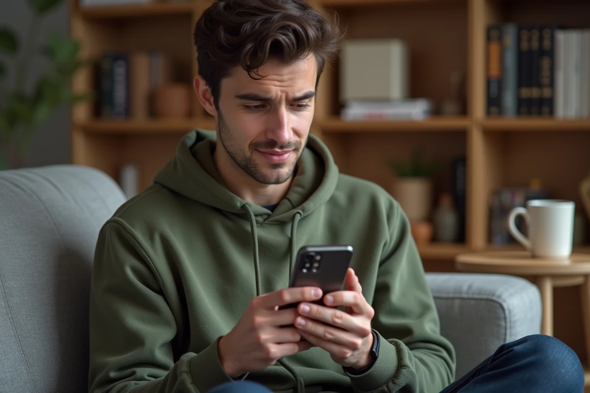 Jeune personne vérifiant une erreur sur son relevé de compte Crédit Agricole via l'application bancaire mobile sur smartphone