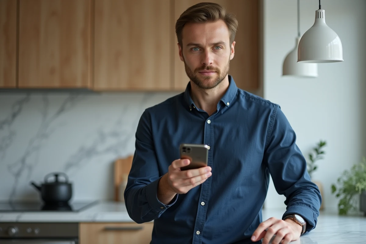 Homme effectuant un virement bancaire depuis son application mobile dans sa cuisine moderne