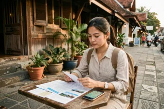 Voyageuse consultant son assurance voyage dans un café en plein air à Chiang Mai, Thaïlande