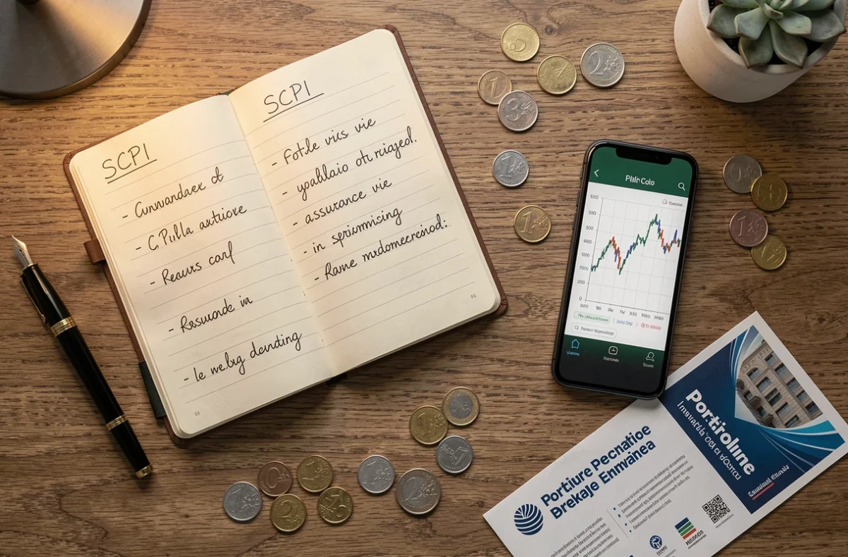 Vue aérienne d'un bureau avec notes financières sur les SCPI en assurance vie et graphiques de rendement